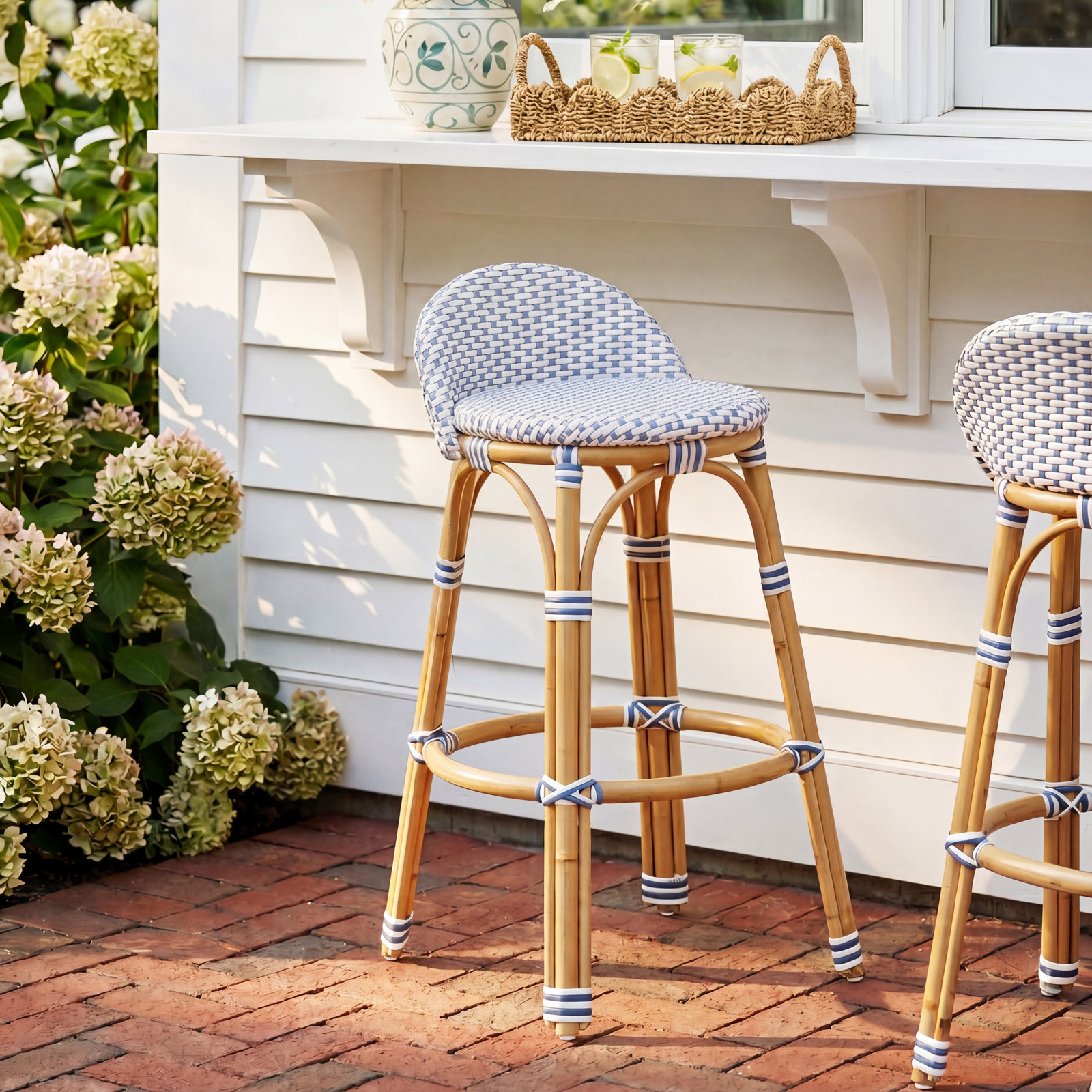 Ellie Woven Patio Bar Stool, White/Blue