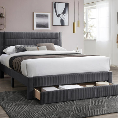 Grand lit contemporain de luxe avec tiroir de rangement et tête de lit en velours côtelé, parfait pour l'élégance moderne et l'efficacité de l'espace