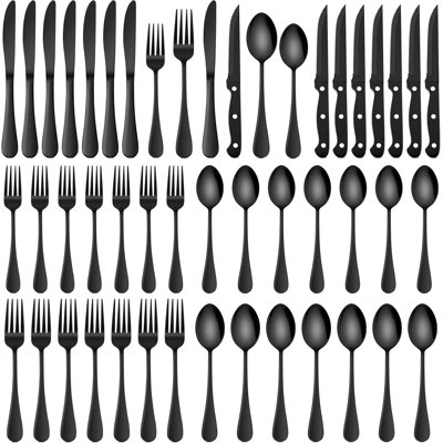 48-Piece Stainless Steel Flatware Set With 8 Steak Knives, Mirror Polished Cutlery For 8, Black Titanium Coating