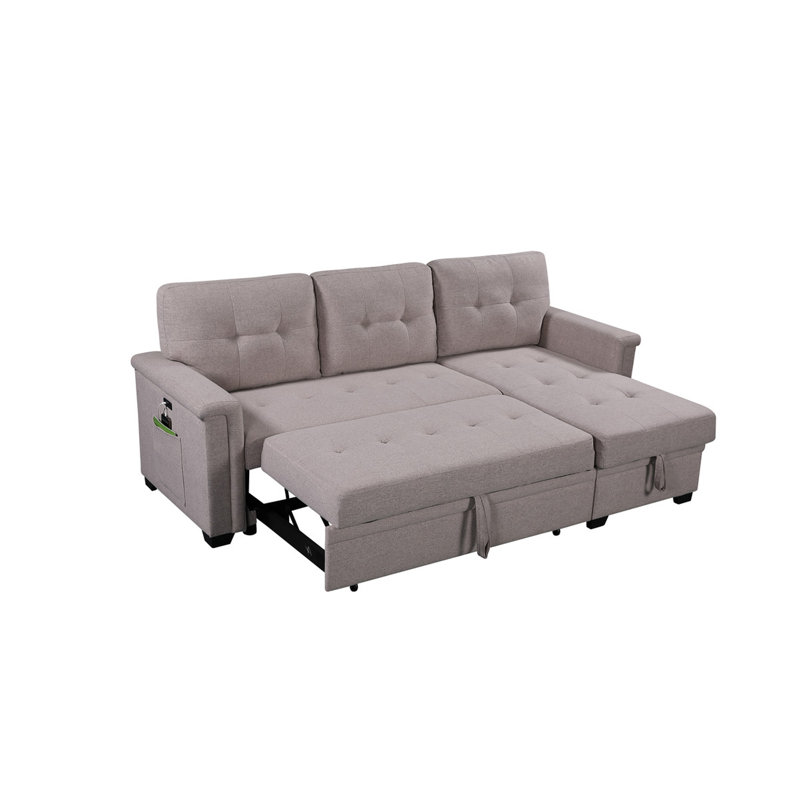 84" Light Gray Reversible Sleeper Sectional Sofa With Storage Chaise, USB Charging Ports And Pocket, Light Gray Linen