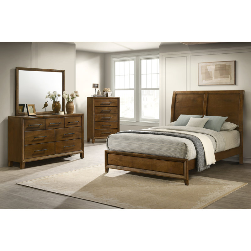 Ensemble de chambre avec grand lit en bois 4 pièces Bangor, brun, Grand