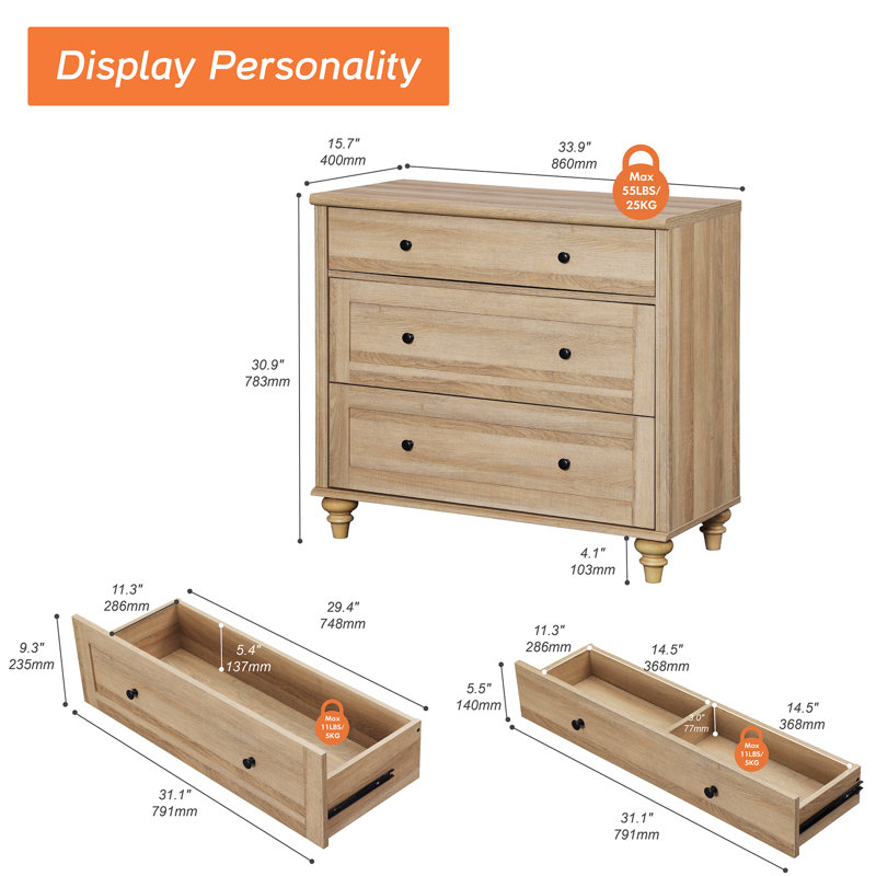 Scarlett 33.9'' W 3 - Drawer Dresser, Oak