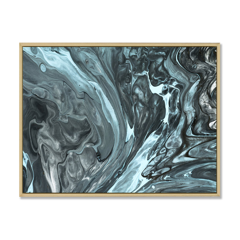 Gris et turquoise liquide, art abstrait sur toile, H 31 po x l 41 po x P 1 po, Cadre érable