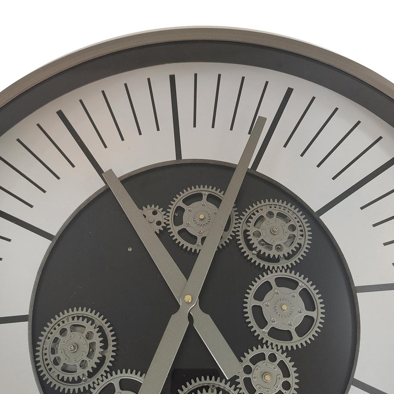 Beren 60cm Living Room Round Wall Clock with Glass Metal Frame, Silver Gear Wall Clock for Bedroom Decor