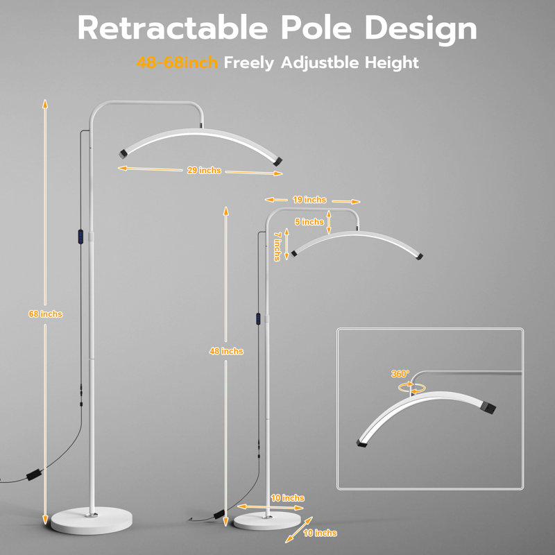 Lampe de plancher à DEL réglable de 48 à 68 po de hauteur, lumière en demi-lune de 29 po de largeur avec télécommande pour les extensions de cils, art d'ongle, tatouage, luminosité de salon à intensité variable, tête rotative, blanc