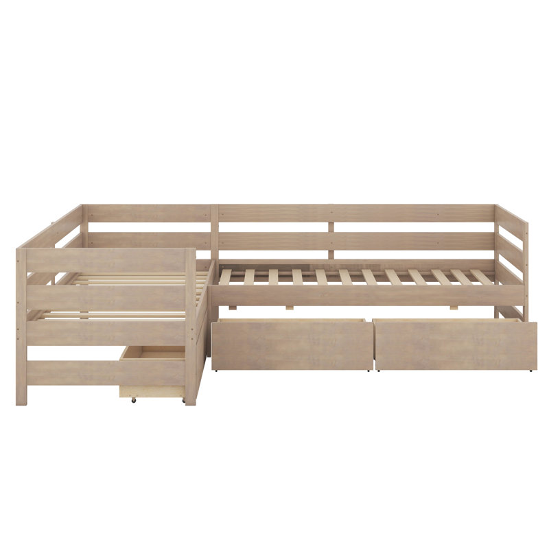 Twin Size L-Shaped Platform Bed For 2, Wood Kids Platform Bed Frame With 3 Storage Drawers And Guardrail, Sturdy Slats Support