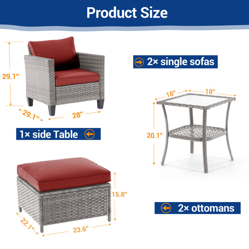 5-Piece Rattan Patio Set,  All Weather Wicker Chair w/Removable Cushion and Sturdy Frame, Brick Red, Gray