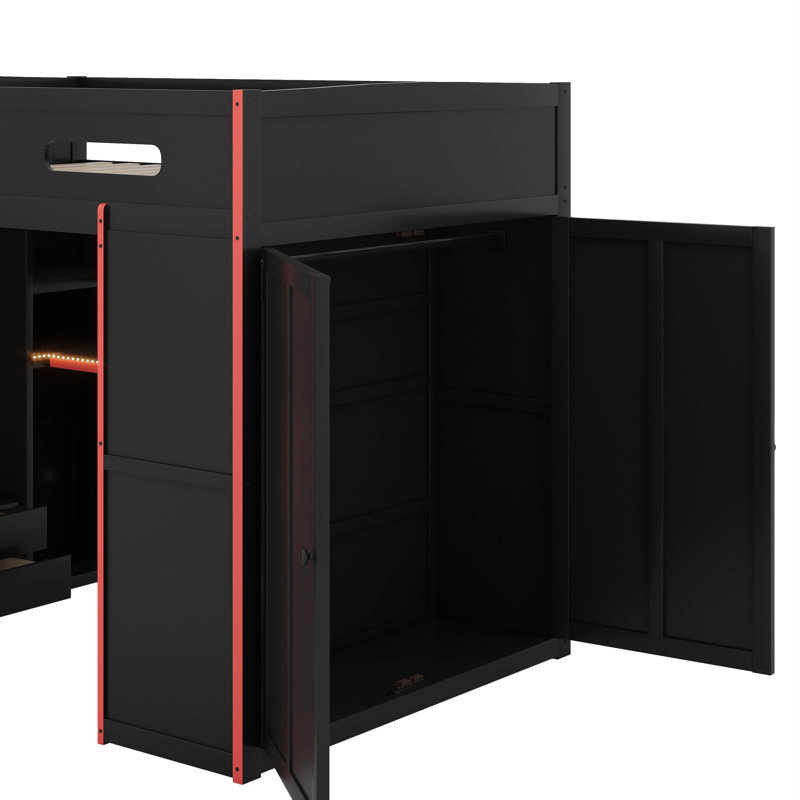 Full Size Wood Loft Bed With Desk,Wardrobe And RGB LED Light, Red