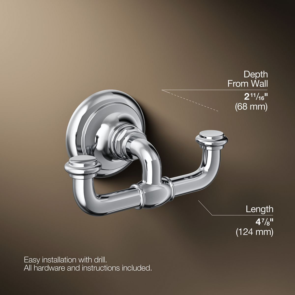 Artifacts Double Wall-Mounted Robe Hook, Polished Chrome