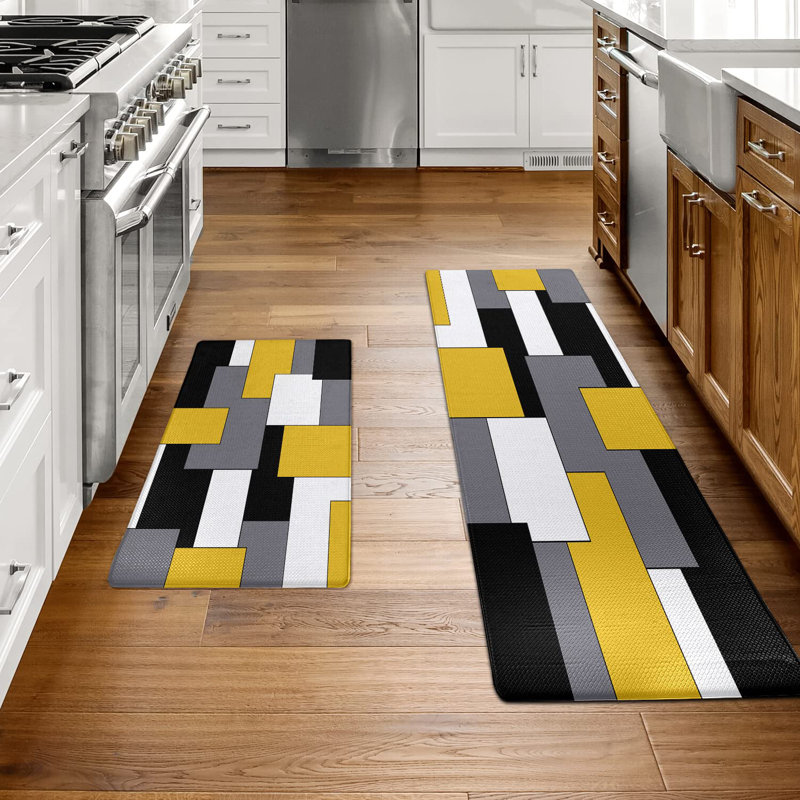 Anti Fatigue Kitchen Rugs Set of 2, Yellow/Gray