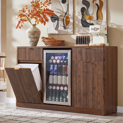 59" Coffee Bar Cabinet with Fridge Space & Tilt-Out Trash Cabinet, Mini Fridge Wine Cabinet with Storage/Charging Station, Fluted Buffet Sideboard with Glass Holder for Dining Room