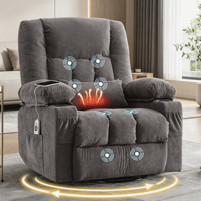 Grey Swivel Rocker Massage Recliner With Heat, Cup Holders, USB Port For Living Room