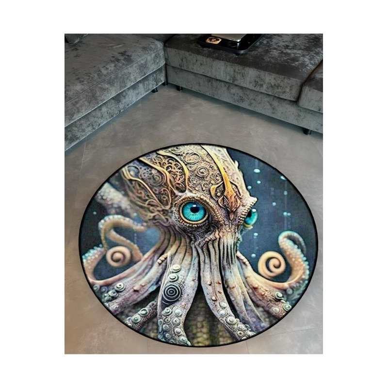 Blue-Eyed Octopus Patterned Woven Base Modern Decorative Carpet, Round 2'8"