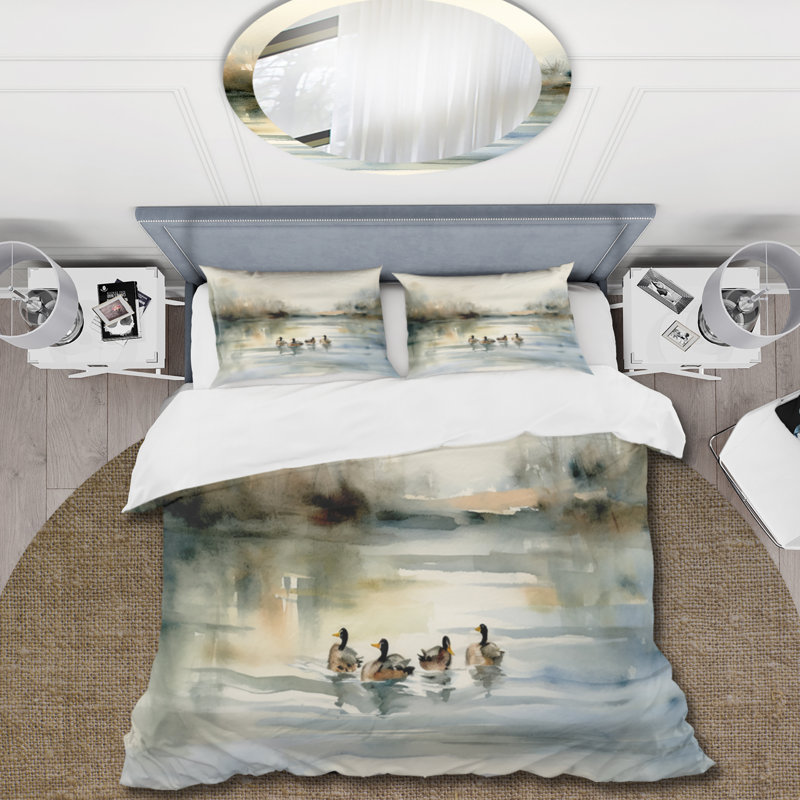 Ensemble de housse de couette en microfibre / polyester Ducks in Pond II, Housse de couette pour très grand lit et 2 très