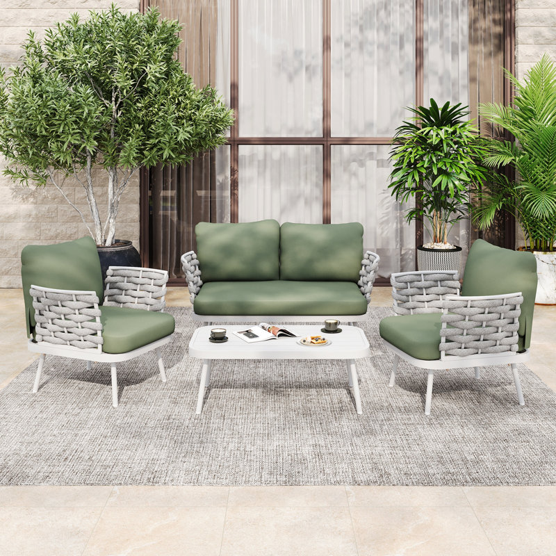 Mariano Steel 4-Pieces Coversation Set, Off White, Green