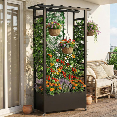 Metal Tall Planter Box with Trellis and Wheels, Large 300lbs Capacity, Outdoor Raised Planter Box for Climbing Plants, Flowers, or Vegetables for Patio, Balcony, and Backyard Use