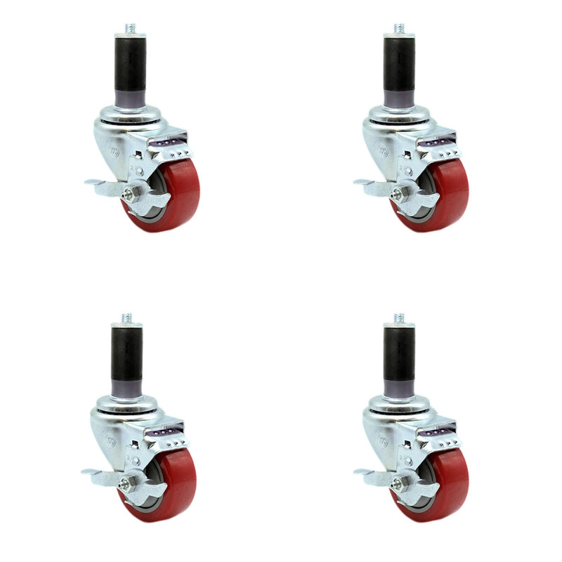 3.5 Inch  Polyurethane Swivel 1-3/8 Inch Expanding Stem Caster Set Brake SCC/SCC-EX20S3514-PPUB-TLB-MTG45-4, Rouge