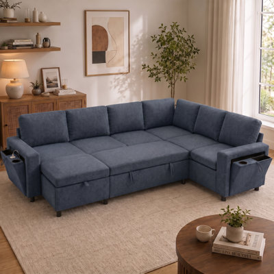 U-Shaped Convertible Sectional Sofa Bed with Dual Storage, USB & Type-C Ports, Cup Holders and Chenille Upholstery