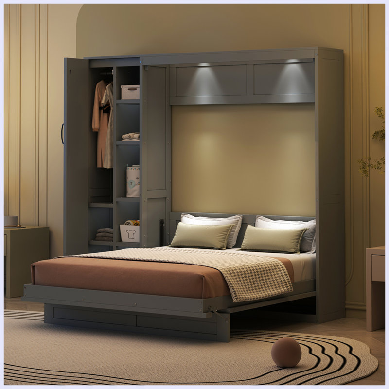 Lit escamotable moderne avec tablettes murales, Gris, Complète