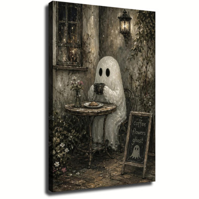 Fantôme savourant un café et une pâtisserie dans un café vintage en plein air, orné de fleurs et d'une lanterne rustique. Peinture à l'huile sur toile, ambiance sombre et mystérieuse.