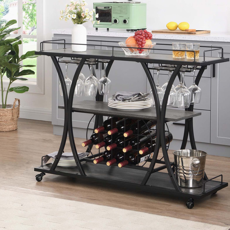 Chariot-bar avec porte-bouteilles en verre trempé, Noir