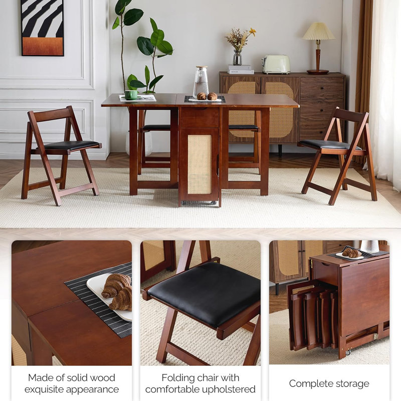 4-Person Walnut Wood Foldable Dining Set