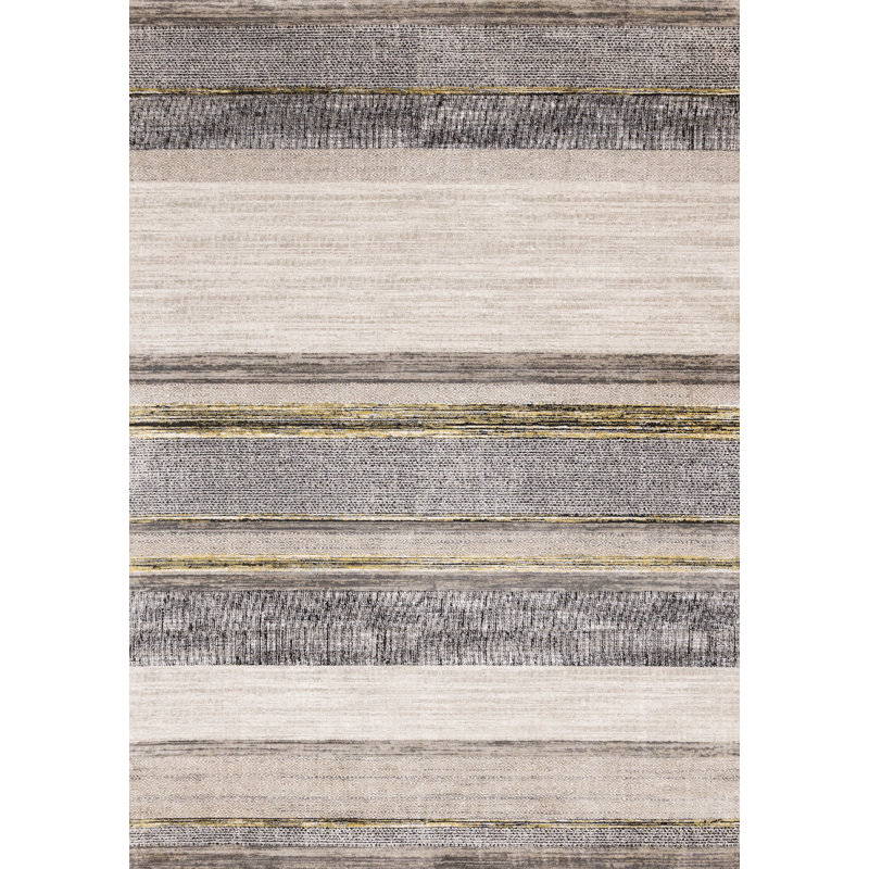 Tapis tissé à rayures beige, jaune et blanc, Rectangle 5 pi 3 po x 7 pi 7 po