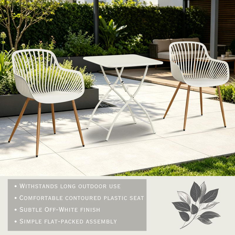 3-Piece Bistro Garden Set with Folding Metal Table & Armchairs, Off-White