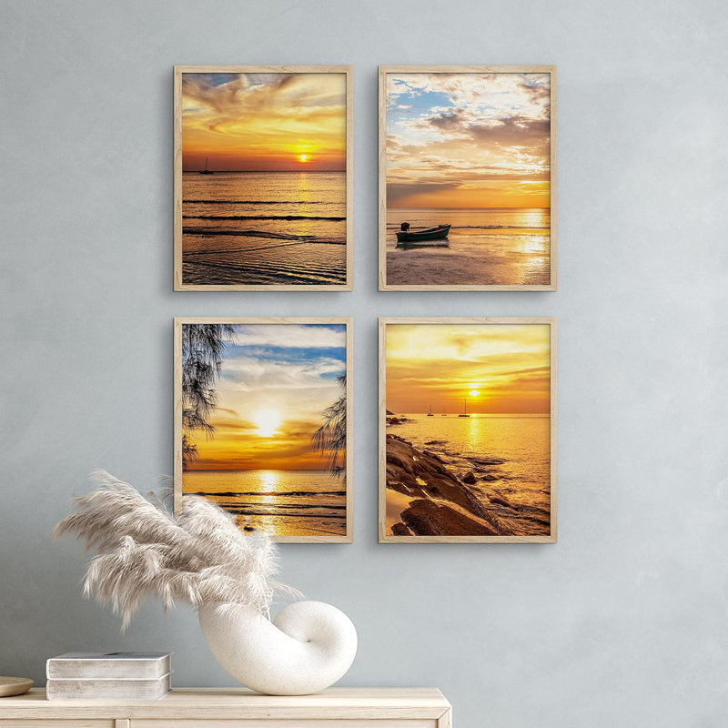 «Vibrant Tropical Beach Shore Sunset Island», ensemble de 4 impressions murales colorées, impression encadrée sur papier, 4 pièces