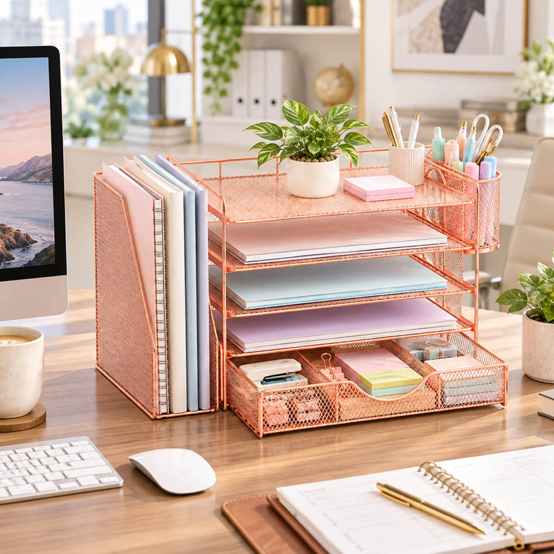 Organiseur de bureau à 4 niveaux en or rose avec tiroir et porte-stylos