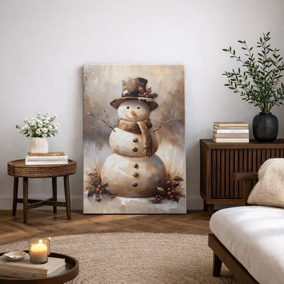 Charming Snowman Smiling Scarf and Top Hat Artwork, Modern Rustic Neutral Warm Brown Wall Pictures, Large Framed Canvas Giclee Print Wall Art