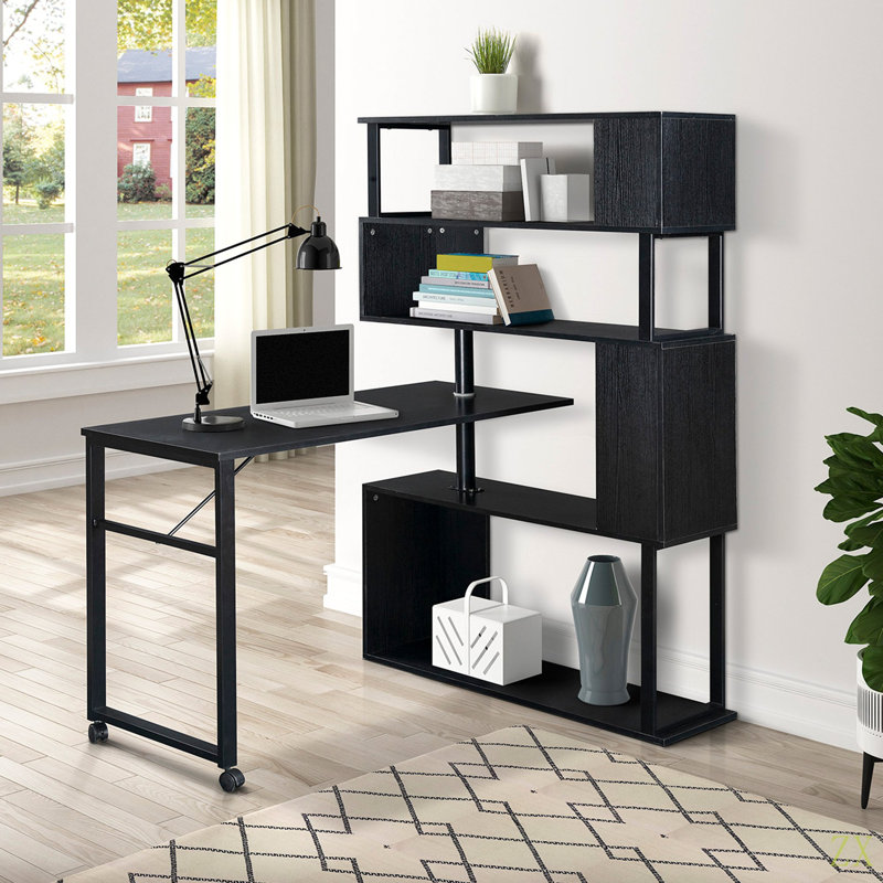 Table de coin en L pour bureau à domicile, table d'ordinateur rotative avec bibliothèque à 5 niveaux, quatre méthodes d'installation, roulettes verrouillables
