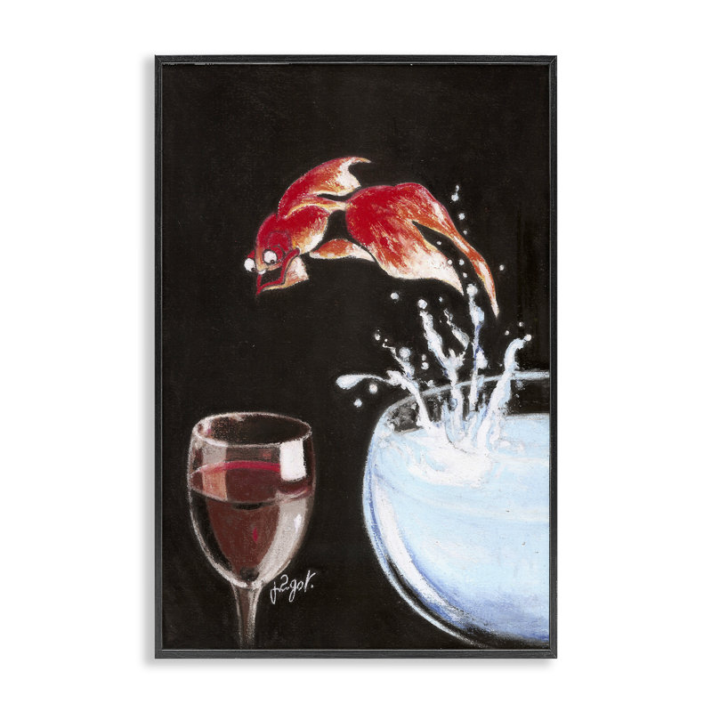 Poisson plongeant dans un verre à vin, estampe numérique, conception de Jean-Pierre Got, Giclée encadrée noir minuit