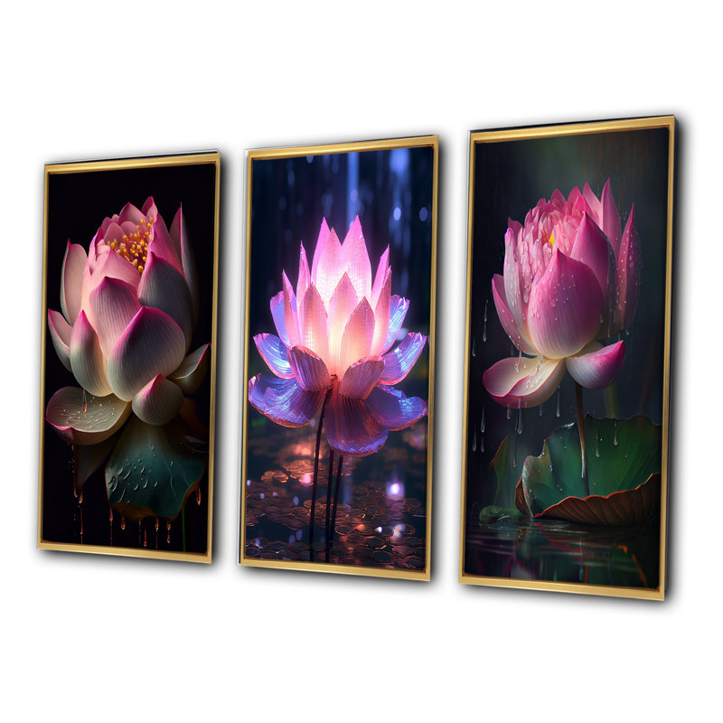 «Beautiful Blossoming Pink Lotus», 3 pièces sur toile, Cadre flottant doré, H 28 po x l 36 po