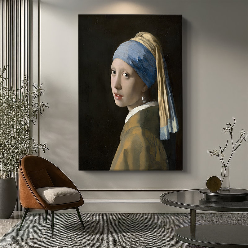 Fille avec une boucle d'oreille perle - Toile tendue avec châssis par Johannes Vermeer, 32 x 48