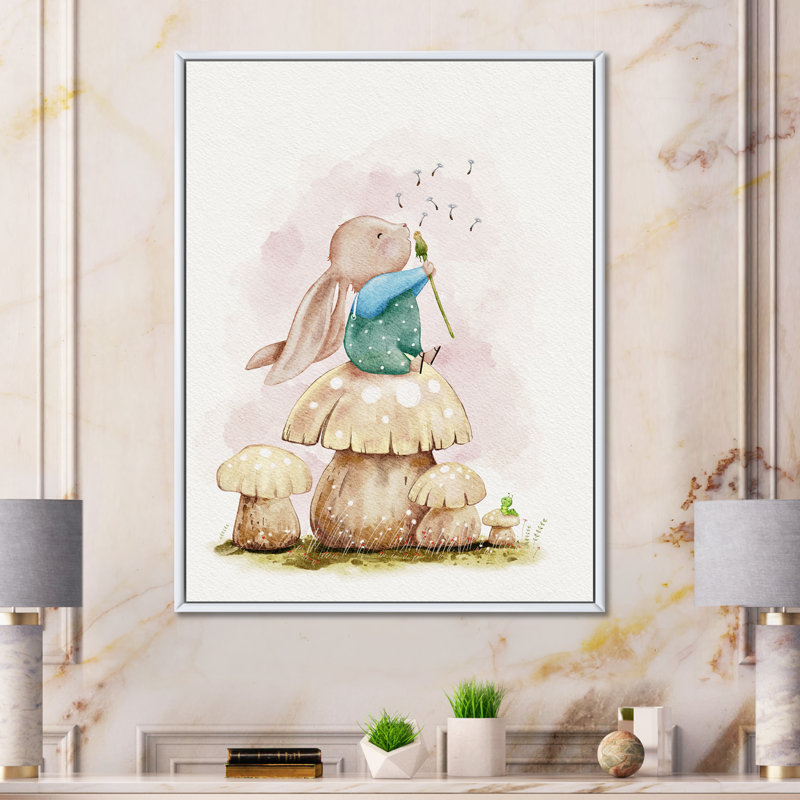 Illustration de toile mignonne de lapin en train de souffler une fleur, H 16 po x l 32 po x P 1 po, Flotteur blanc