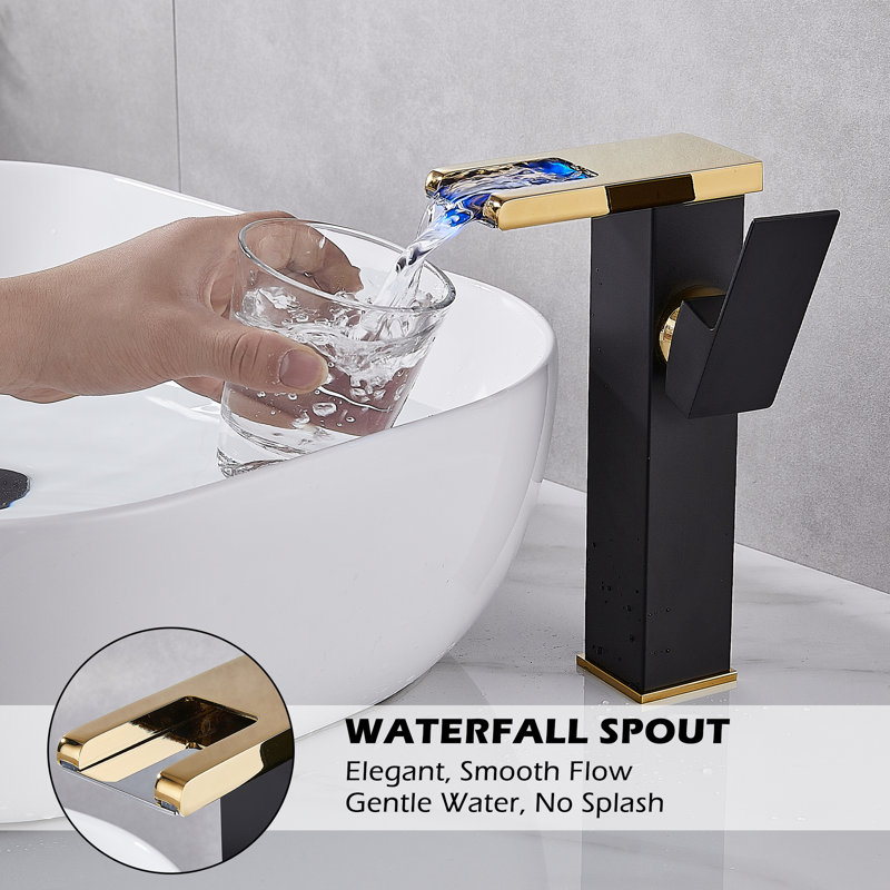 Black and Gold LED Waterfall Vessel Sink Faucet with Pop-Up Drain
