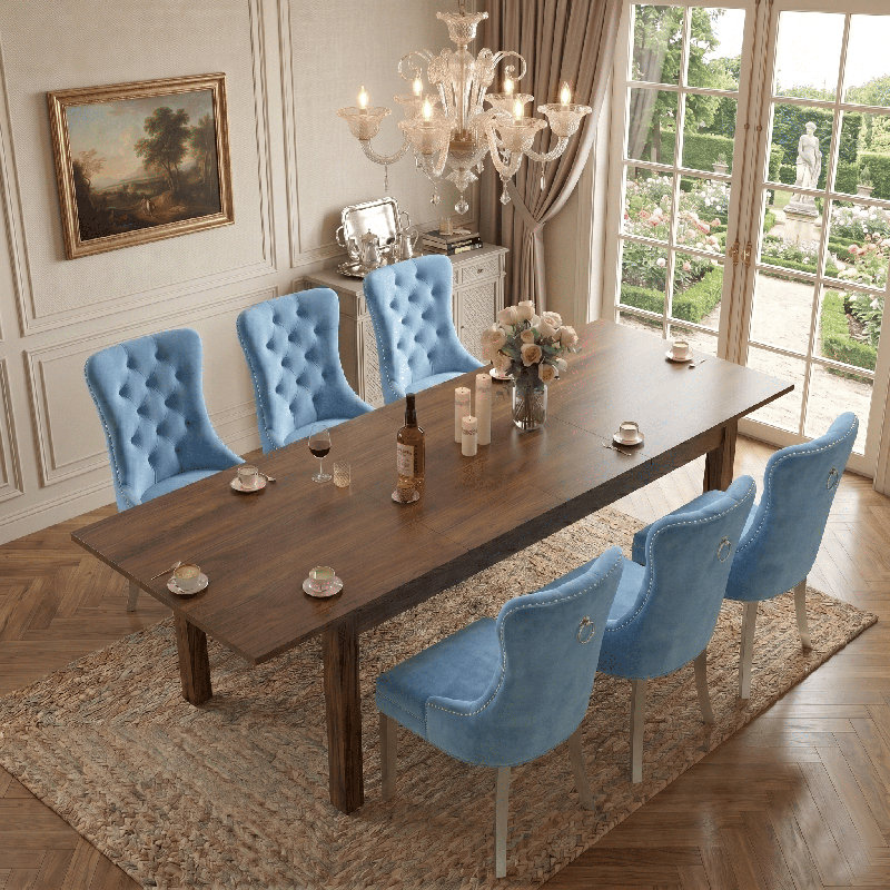 Ensemble de table de salle à manger extensible 106 pouces Banstead avec 6 chaises de salle à manger capitonnées en velours