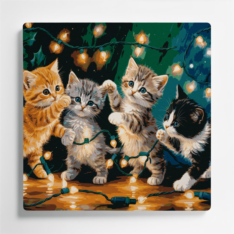 Chatons de Noël emmêlés dans des lumières de Noël, art mural en métal bleu