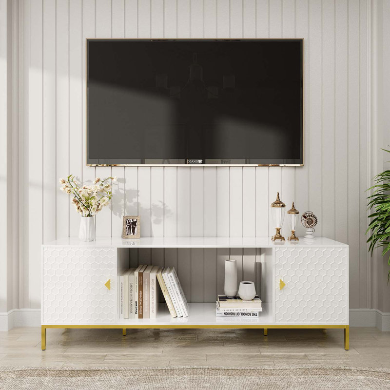 Meuble télé Sarinda avec portes en nid d'abeille et tablettes réglables, Blanc