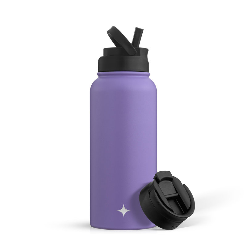 Bouteille d'eau triple isolée JoyJolt avec couvercle rabattable et couvercle en paille sport, Mauve, Contenant alimentaire