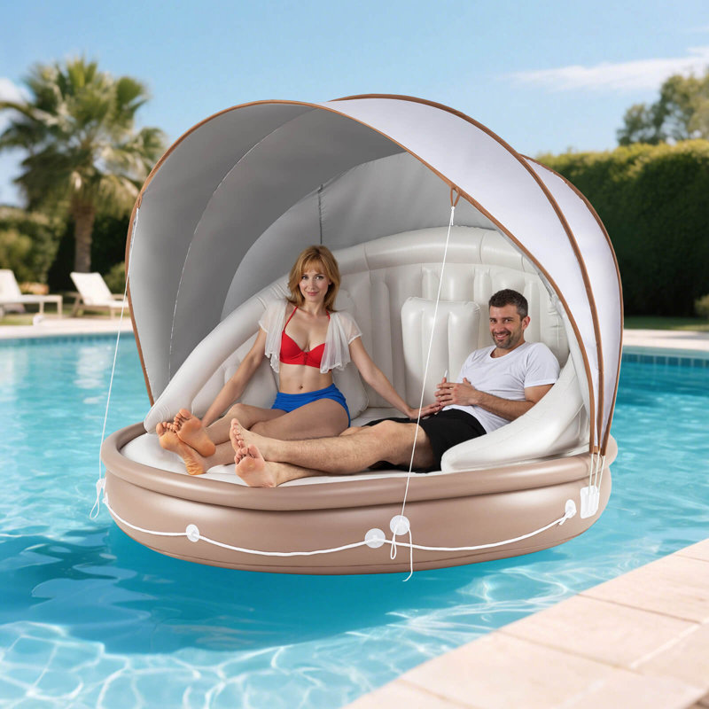 73" Tanning Pool Lounger Float With Retractable & Removable Canopy Spf50+ White