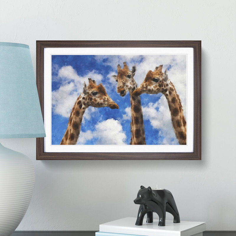Three Giraffes - Single Picture Frame Painting on MDF, 24cm H x 33cm W x 2cm D, Walnut