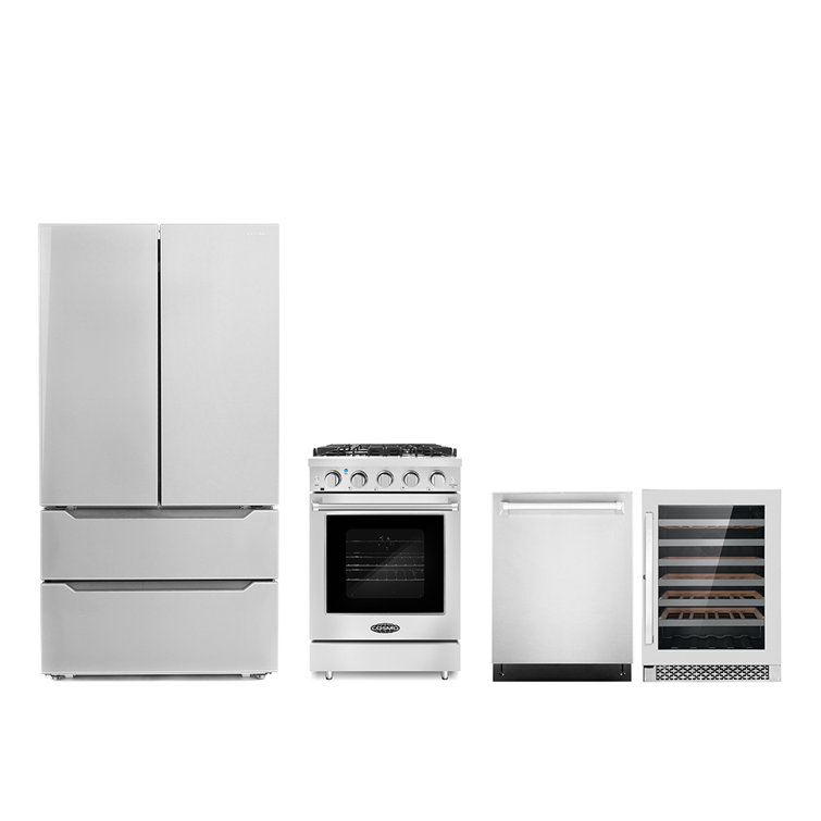 Cosmo 4 Piece Kitchen Appliance Package with French Door Refrigerator , 23.80'' Gas Freestanding Range , Built-In Dishwasher , and Wine Refrigerator