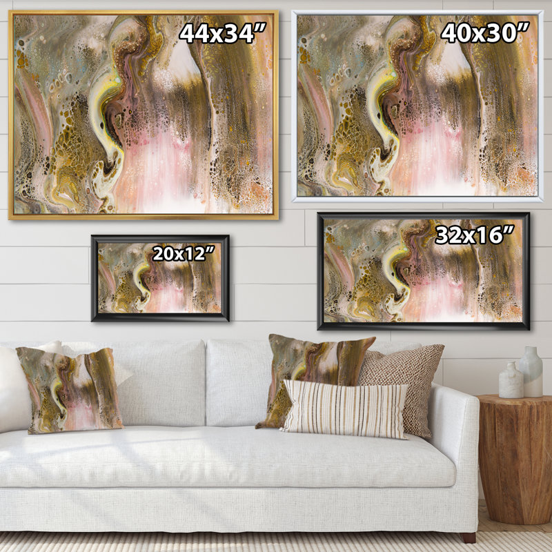Abstrait brun, taches et rayures dorées - reproduction sur toile, H 24 po x l 32 po, Toile à cadre flottant doré