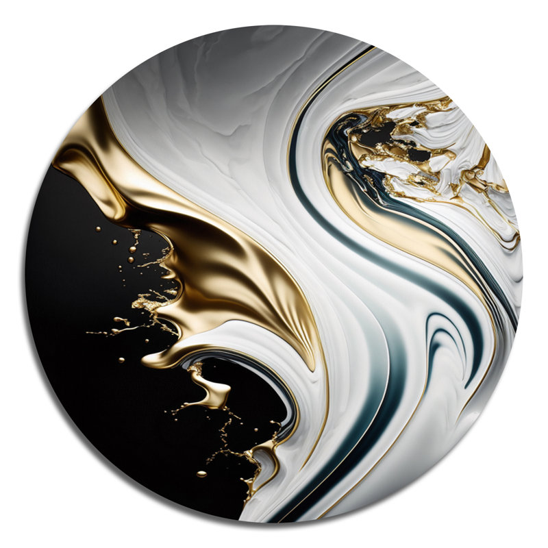 Géode abstraite, vagues de marbre blanc I - art mural rond abstrait sur métal, L 16 po x H 16 po