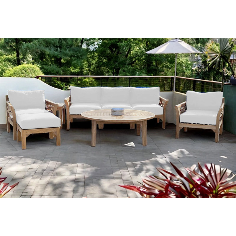 Monterey Outdoor 7 - Piece Teak Conversation Set, White, 6 Pcs:  Sofa,2Chair,Cushion,Table,Ottoman