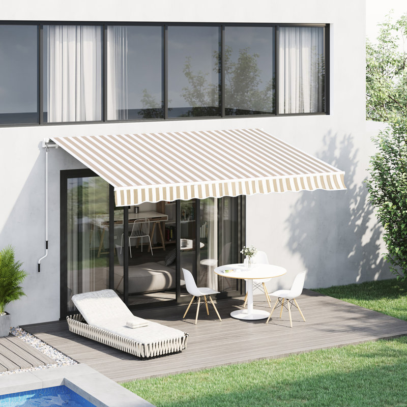 Auvent de patio rétractable 12 po x 10 pi et toile à eau, manivelle manuelle, structure en aluminium, pour terrasse, balcon, cour, eau beige, blanc 280 G / m²