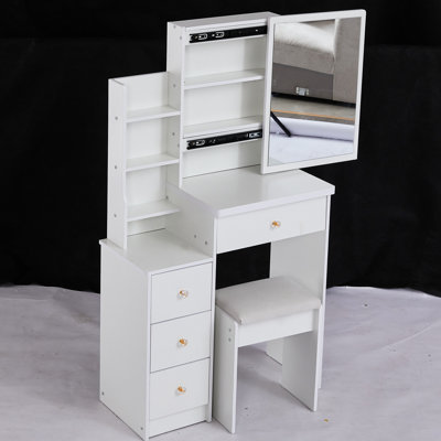 Left Bedside Cabinet Vanity Table For Compact Areas, With Padded Seat & Extra Large Mirror, Multi-Layer Storage, White Dresser Small Rooms Sized Table, Includes Cushioned Stool Sliding Elegant In