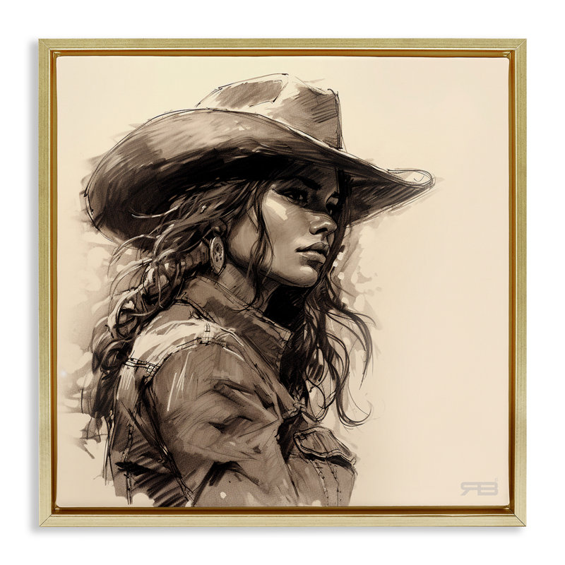 «Stoic Cowgirl Look Away Floater», art mural sur toile par RB, Cadre flottant métallique doré, H 18 po x l 18 po